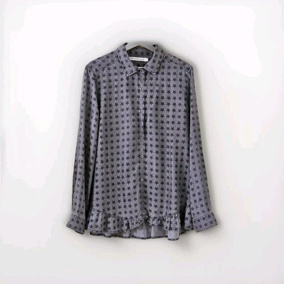 Standard Grace Top Women L Gray Black Stars LS Roll Up Tab Ruffles Boho Chambray - Picture 1 of 16